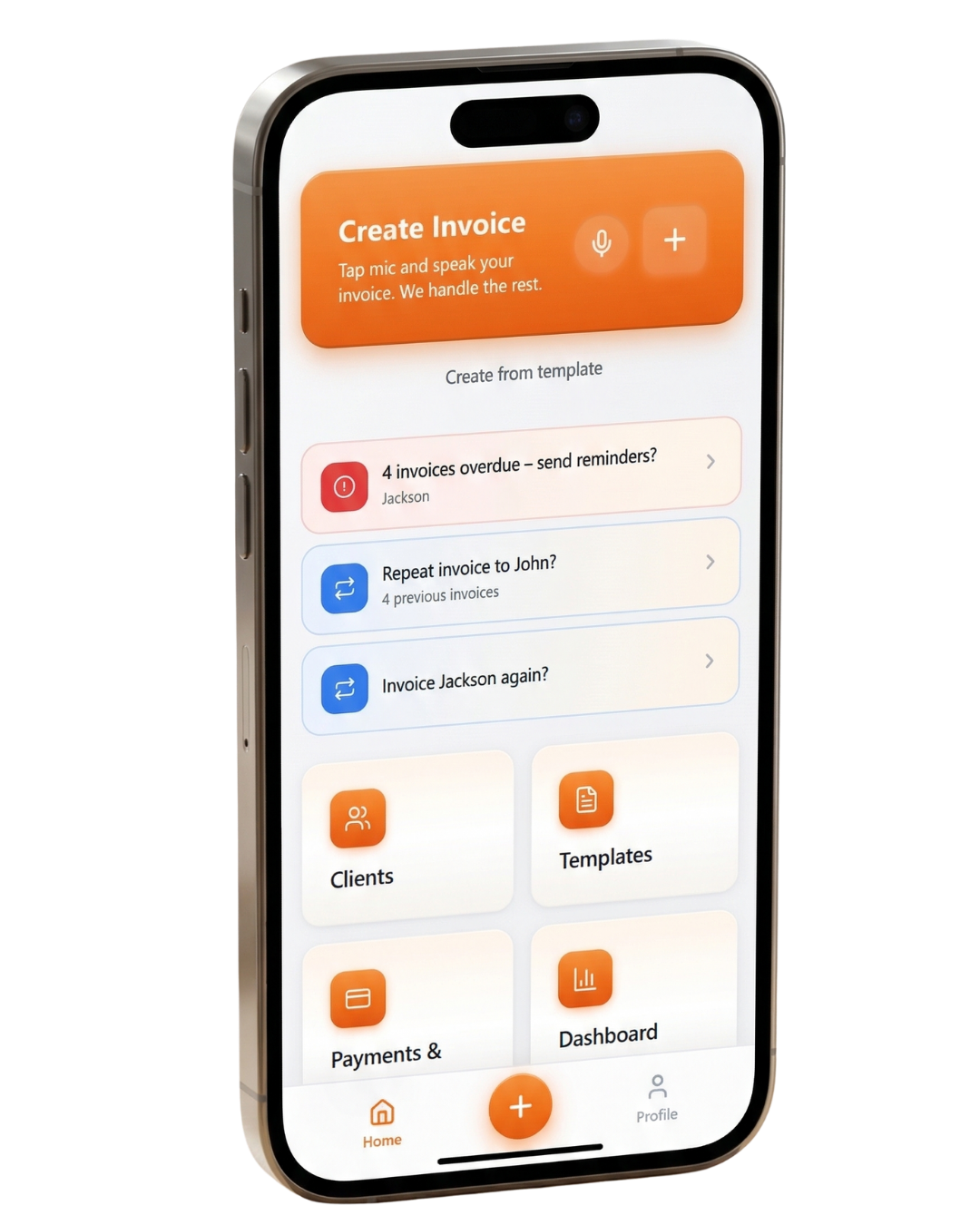 Quotelo app showing AI-powered invoice creation with smart suggestions and quick-access grid